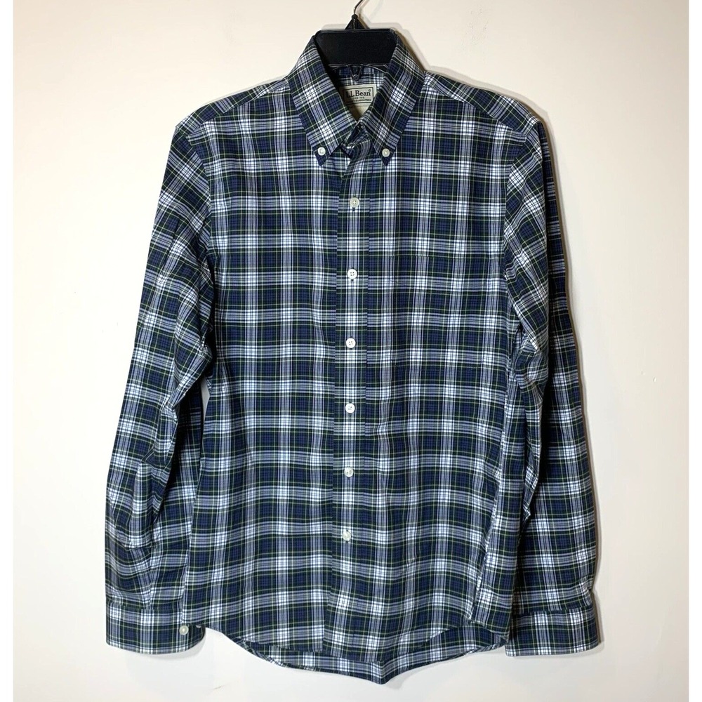 LL Bean Button Down Shirt Mens Small Slim Scotch Plaid‎ Wrinkle Free 100% Cotton